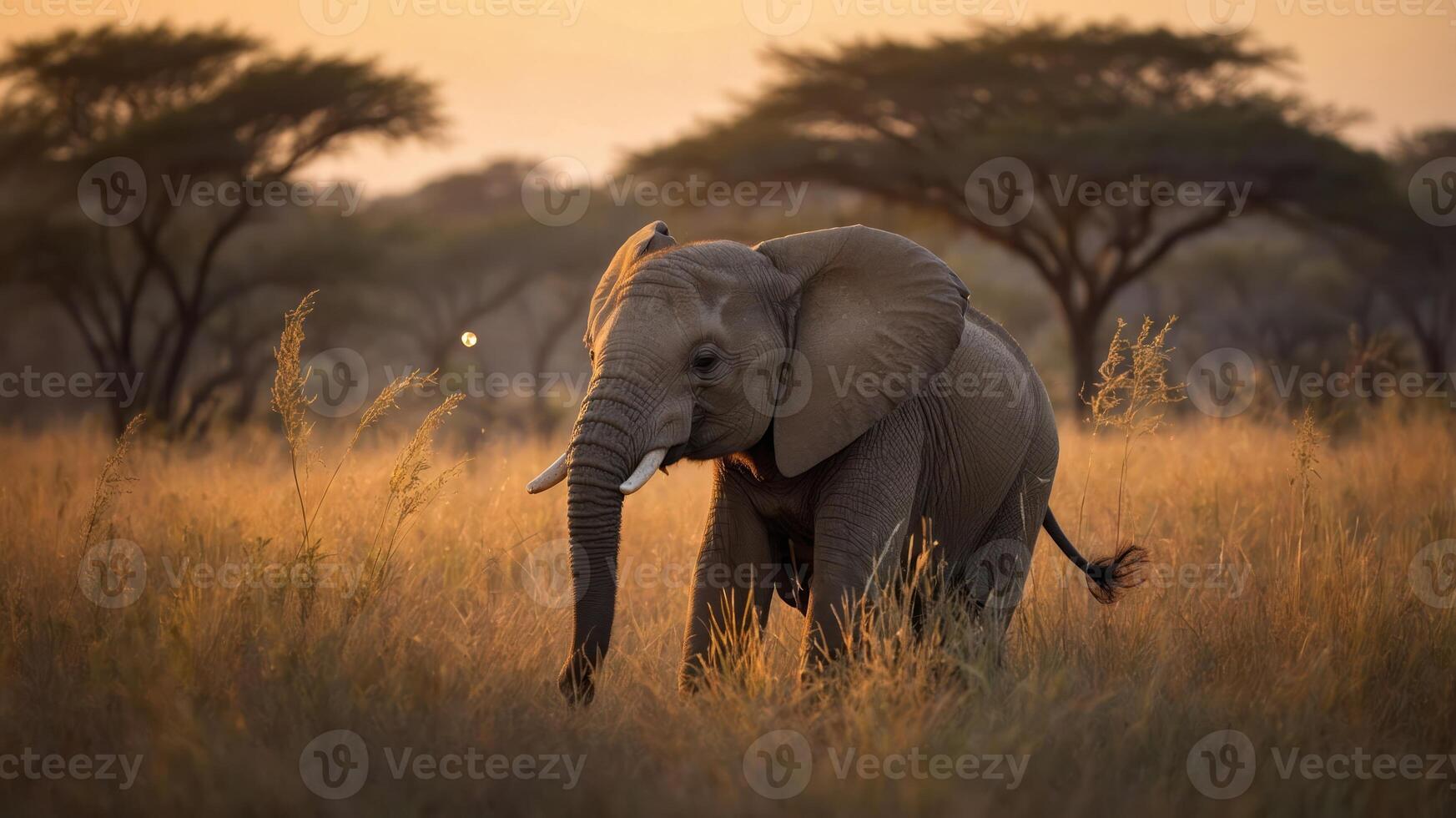 An elephant walking through tall grass at sunset, surrounded by trees. photo