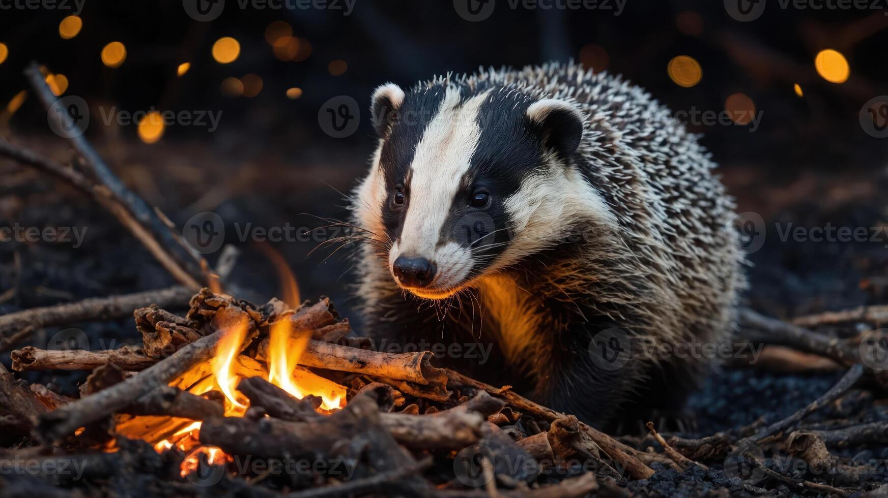 A badger near a small fire among twigs in a dark, forested setting. photo