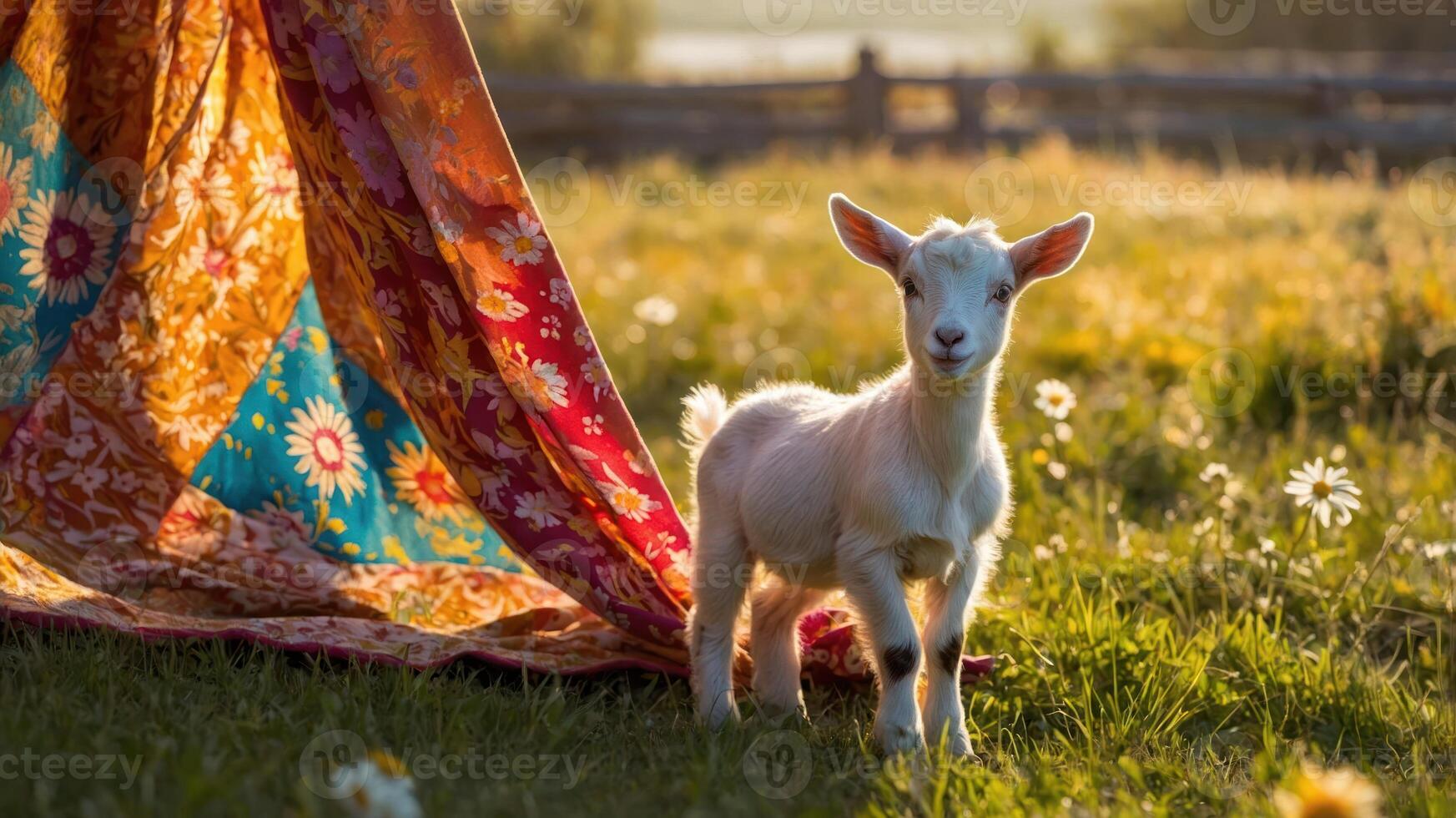 A playful goat stands in a sunlit field beside a colorful patterned tent. photo