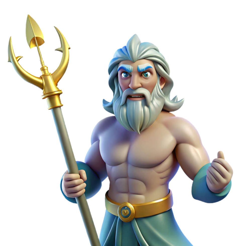 glorious passionate vintage Poseidon, God of the Sea, wielding a trident NO BACKGROUND with Transparent Background. top-tier png