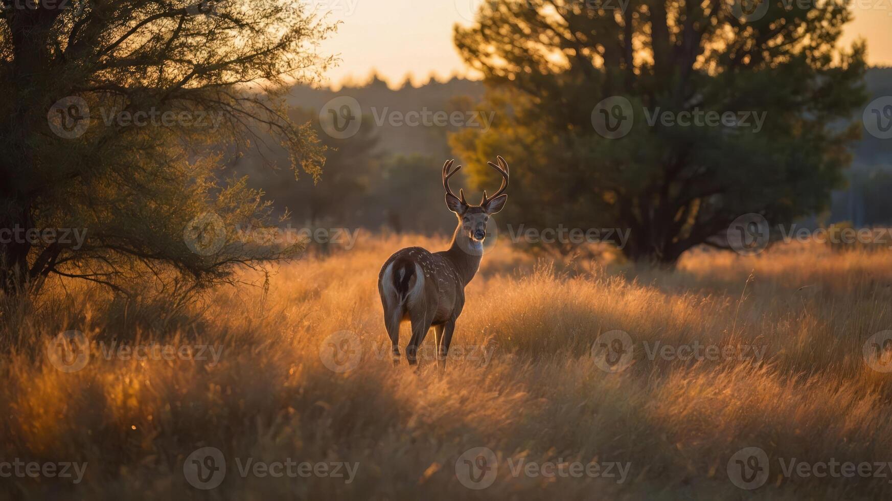 A deer standing in a golden field during sunset, surrounded by trees. photo