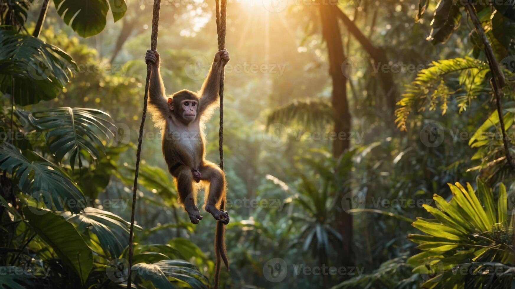 A monkey swings on ropes in a lush jungle, illuminated by sunlight filtering through trees. photo