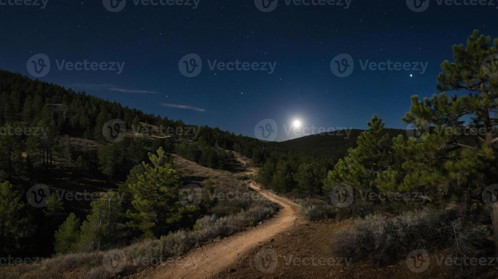 A serene night landscape with a winding path under a bright moon and starry sky. photo