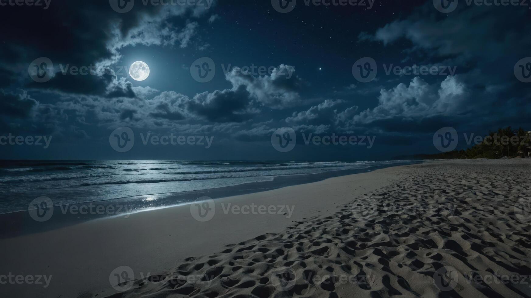 A serene beach scene under a full moon, with gentle waves and a starry sky. photo