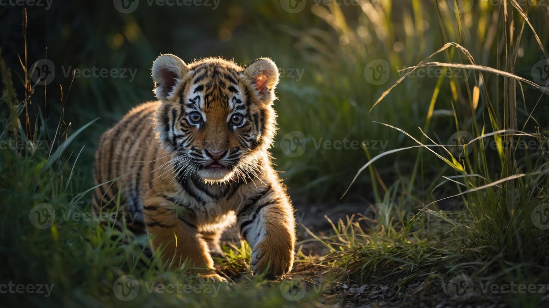 A young tiger cub walking through tall grass, illuminated by soft sunlight. photo