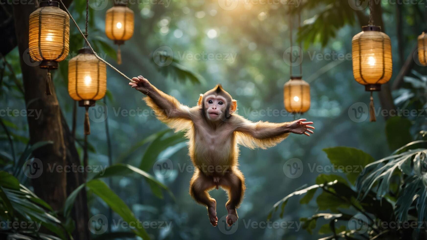 A monkey swinging in a lush jungle with lanterns illuminating the scene. photo