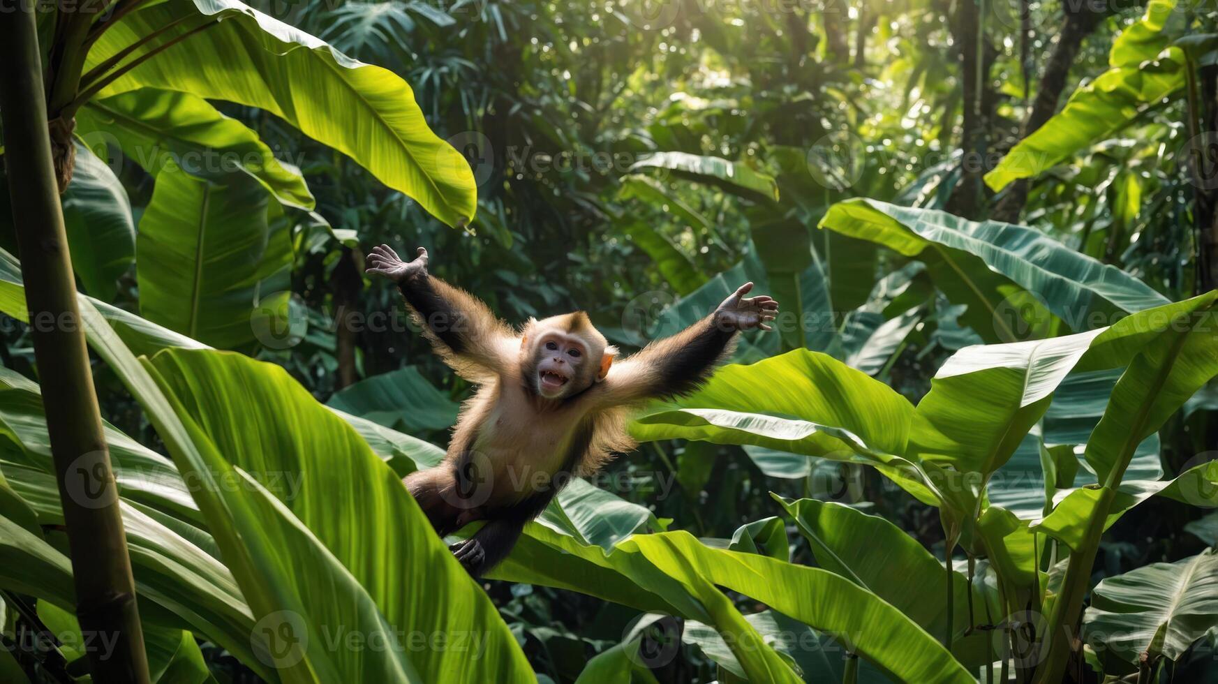 A playful monkey poses amidst lush green foliage in a vibrant jungle setting. photo