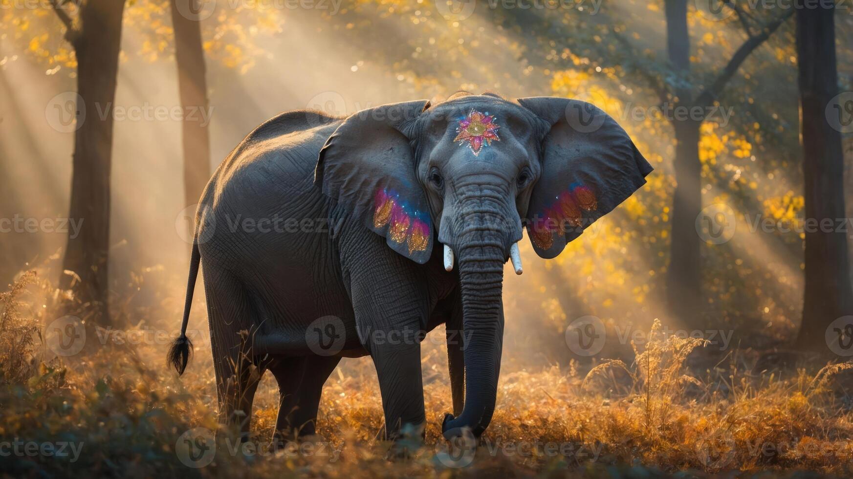 A majestic elephant adorned with colorful patterns stands in a sunlit forest. photo