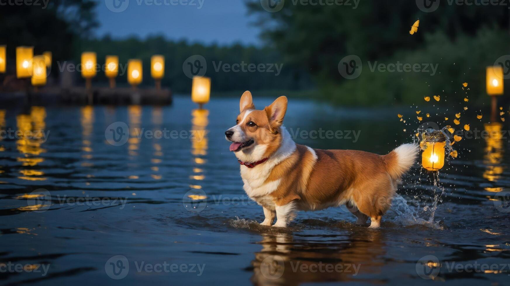 A corgi splashes in a serene lake surrounded by glowing lanterns at dusk. photo