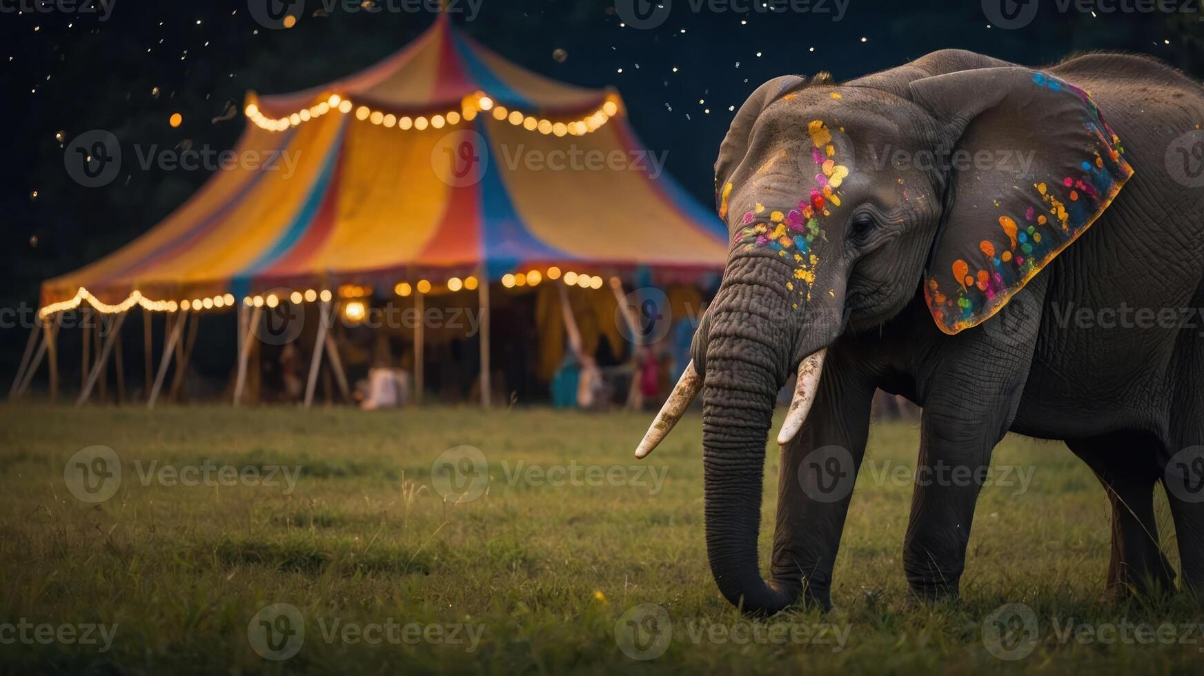 An elephant with colorful decorations near a vibrant circus tent in a grassy field. photo