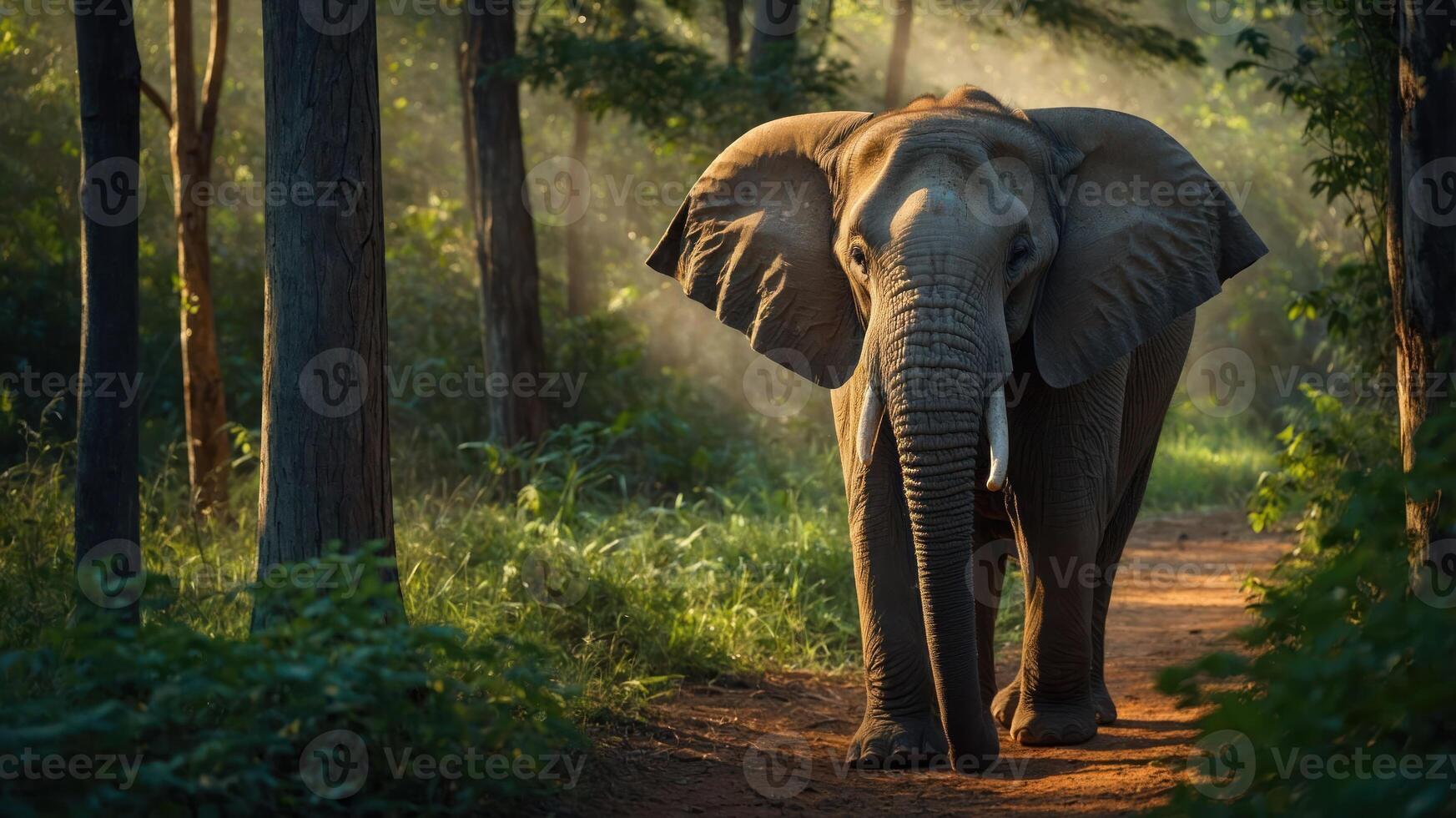 An elephant walking along a forest path, illuminated by soft sunlight. photo