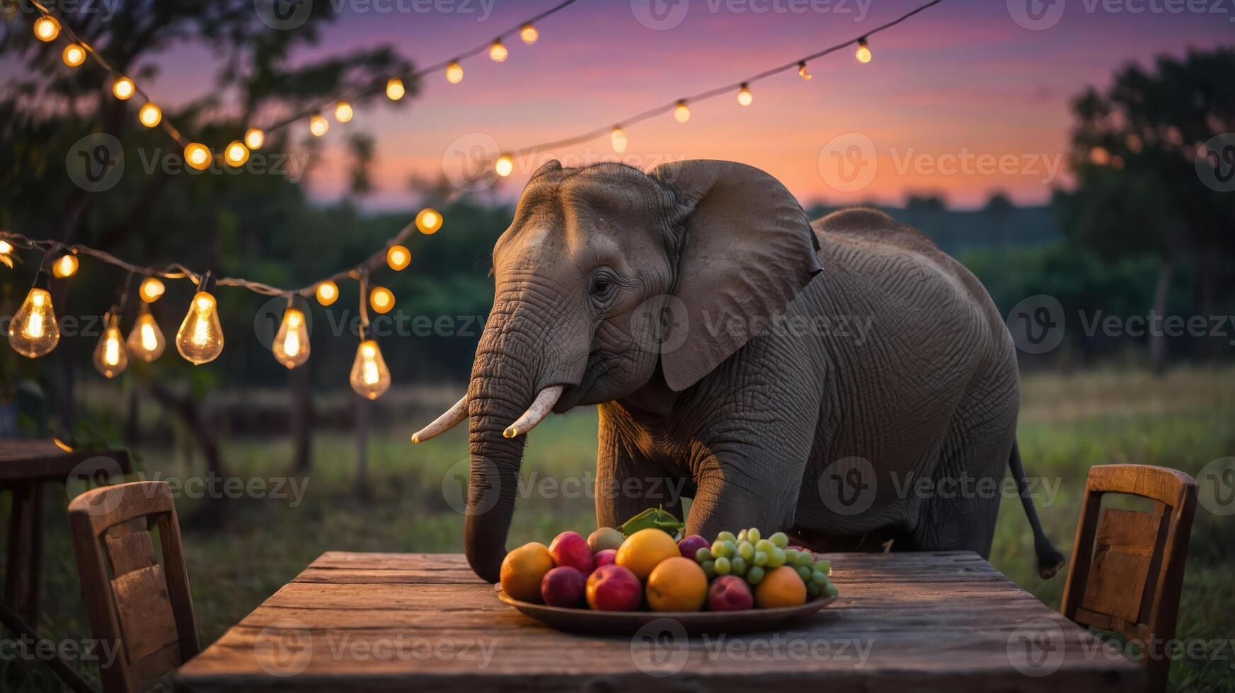 An elephant approaches a table of fruits under string lights at sunset. photo