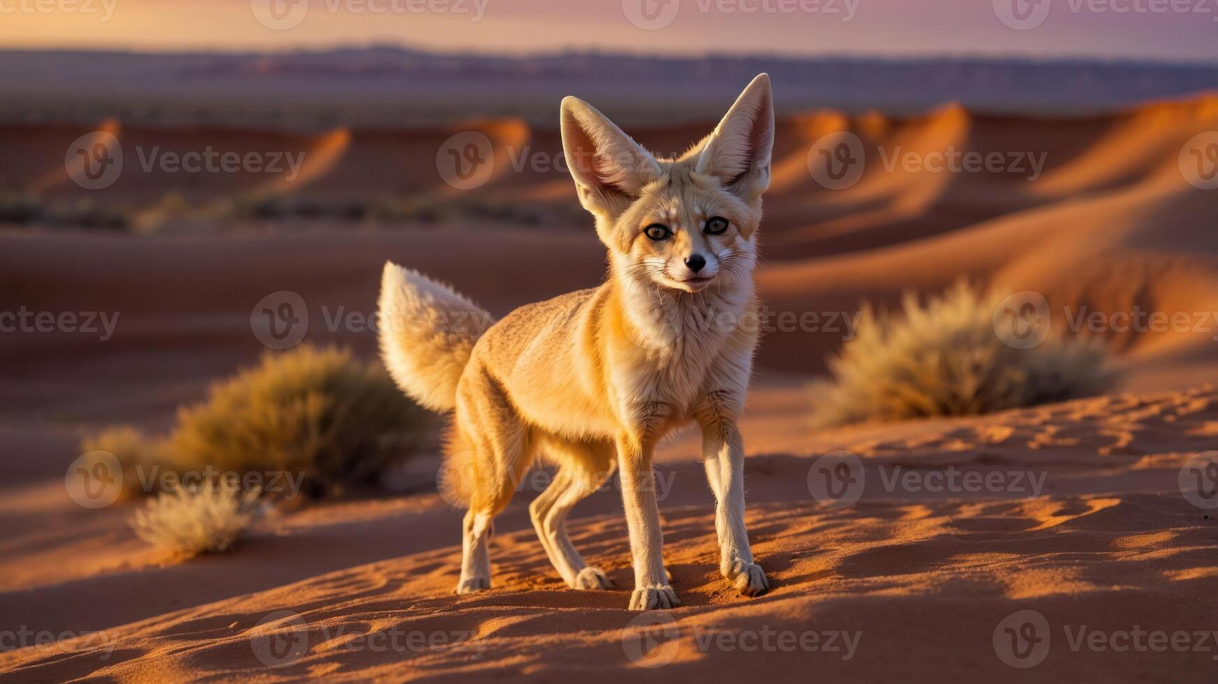 A fennec fox stands in a desert landscape at sunset, showcasing its large ears and sandy fur. photo