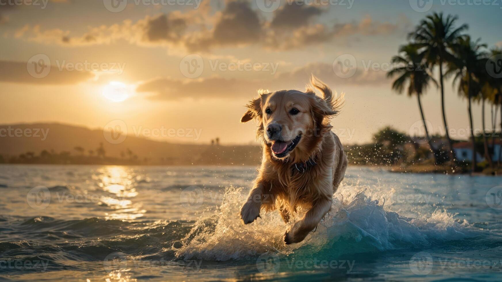 A golden retriever joyfully leaps through water at sunset, surrounded by palm trees. photo