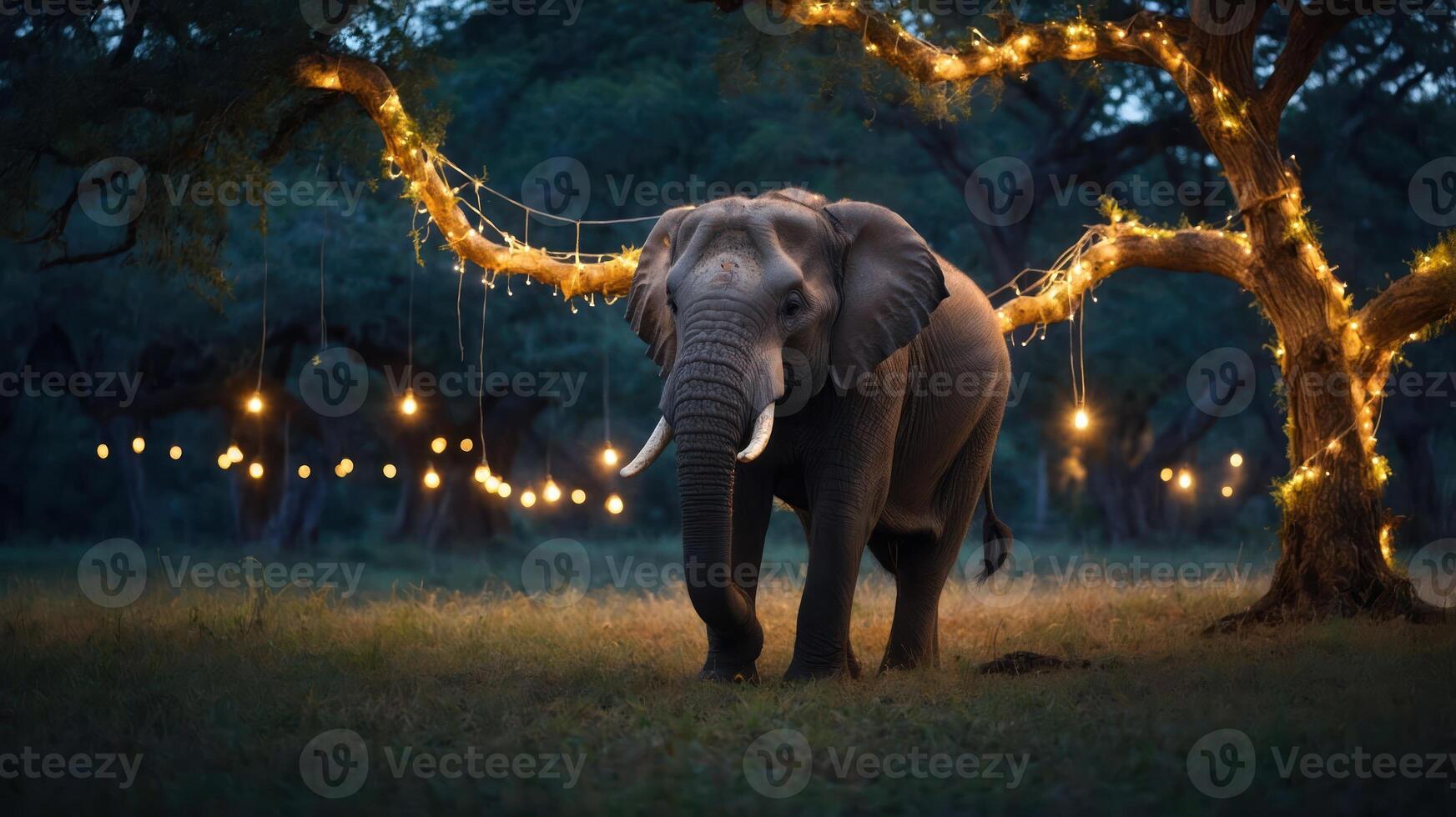 An elephant stands under a tree adorned with glowing lights in a serene nighttime setting. photo
