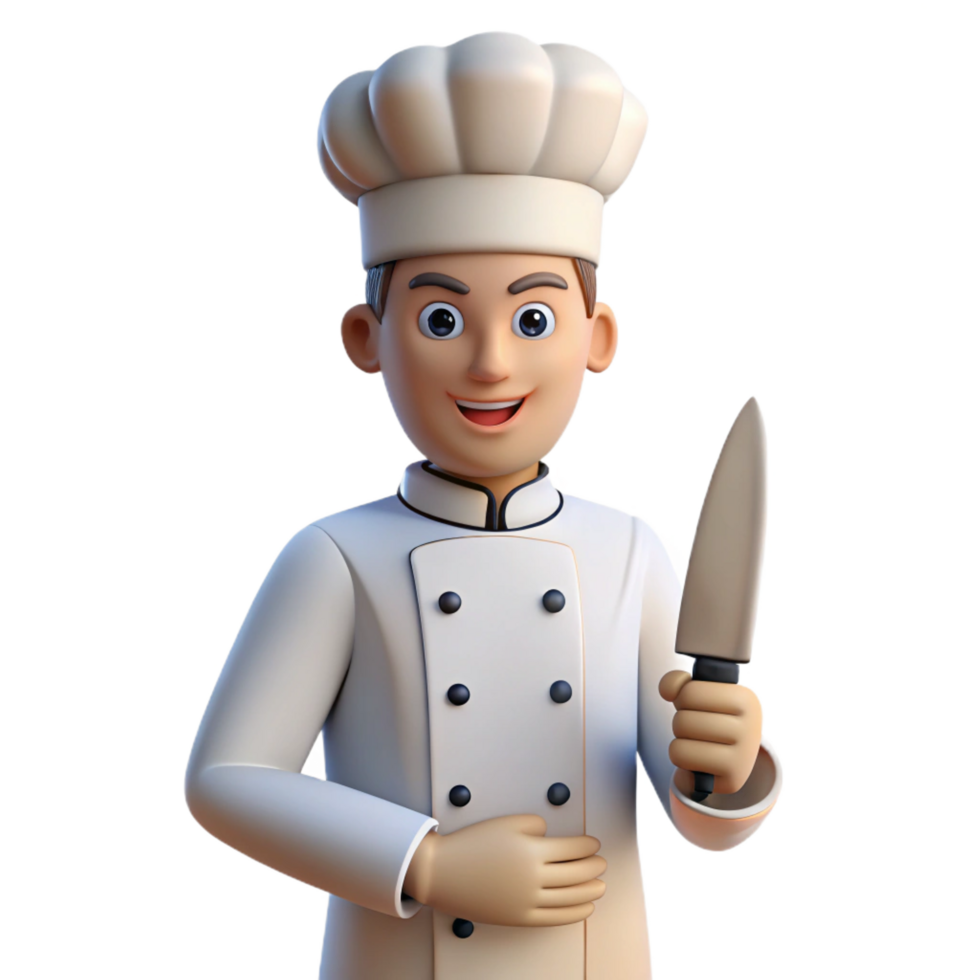 fascinating remarkable Chef, white uniform, holding knife, NO BACKGROUND with Transparent Background. png