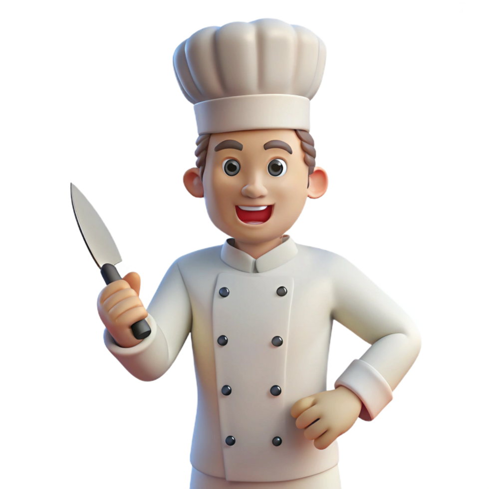 reflective beautiful Chef, white uniform, holding knife, NO BACKGROUND with Transparent Background. fine detail png