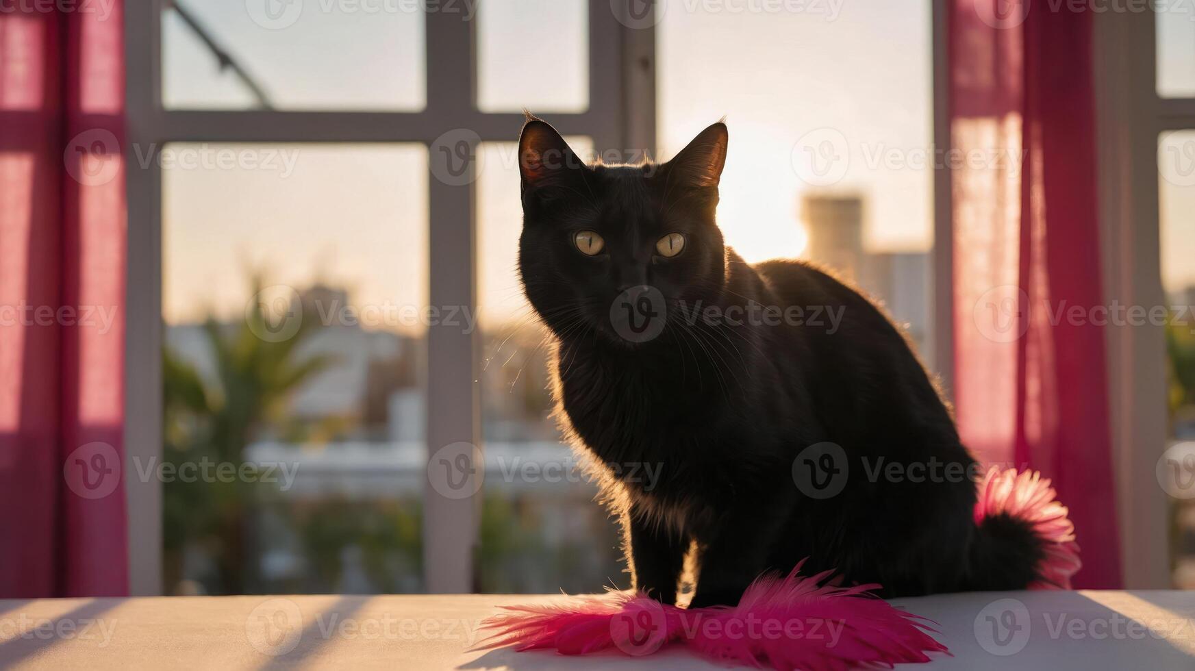 A black cat sits on a table, backlit by sunlight streaming through pink curtains. photo