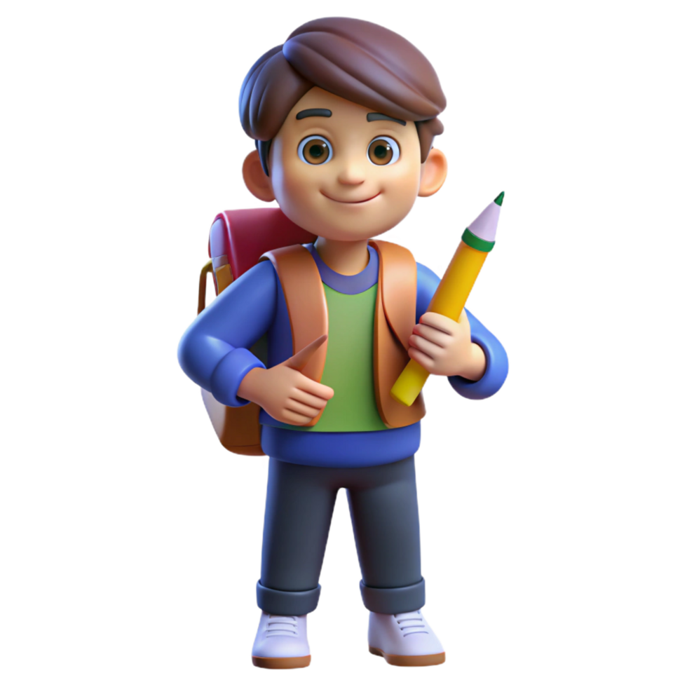 dramatic notable Student, backpack, holding pencil, NO BACKGROUND with Transparent Background. png