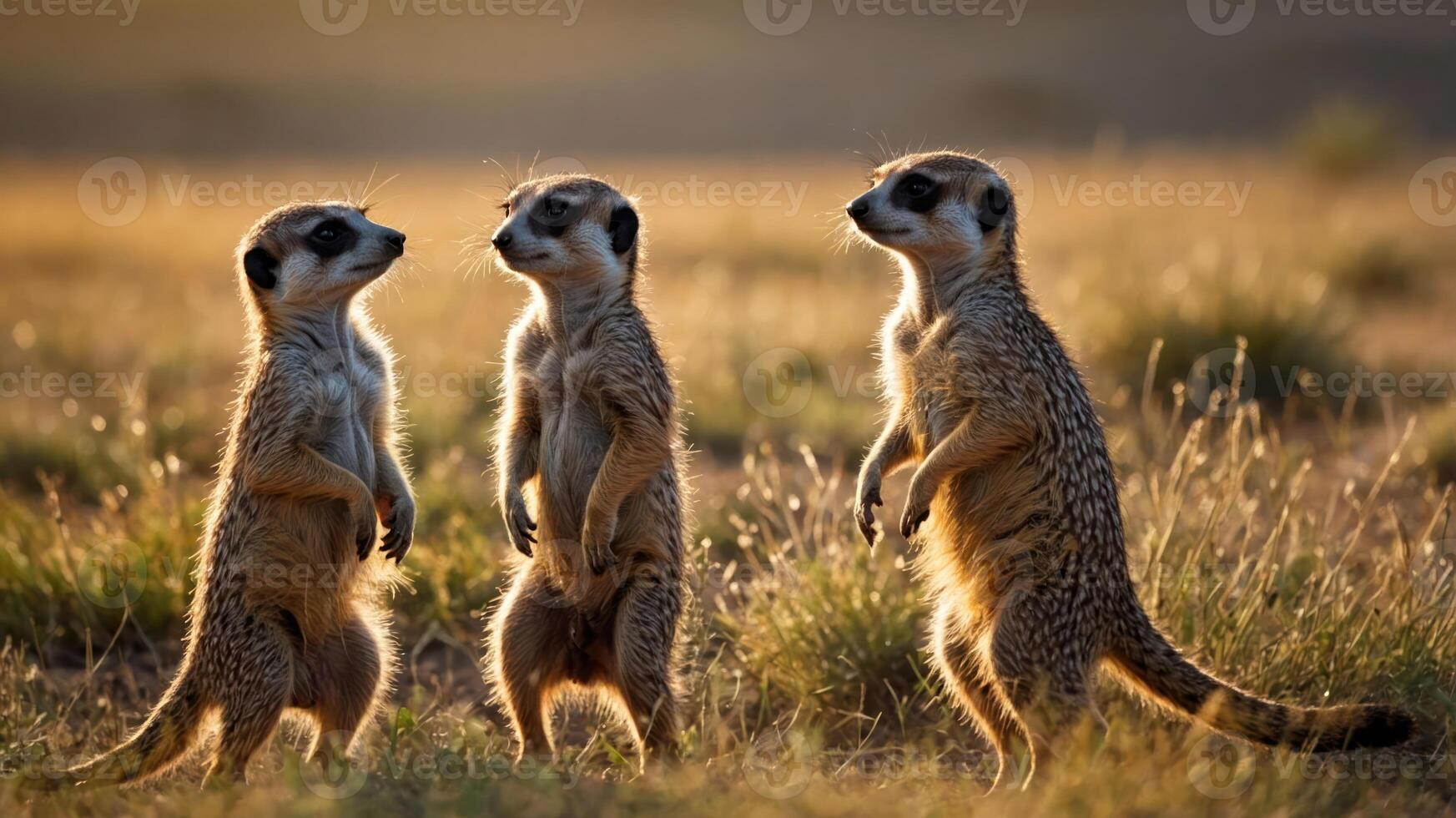 Three meerkats standing upright in a golden grass landscape at sunset. photo