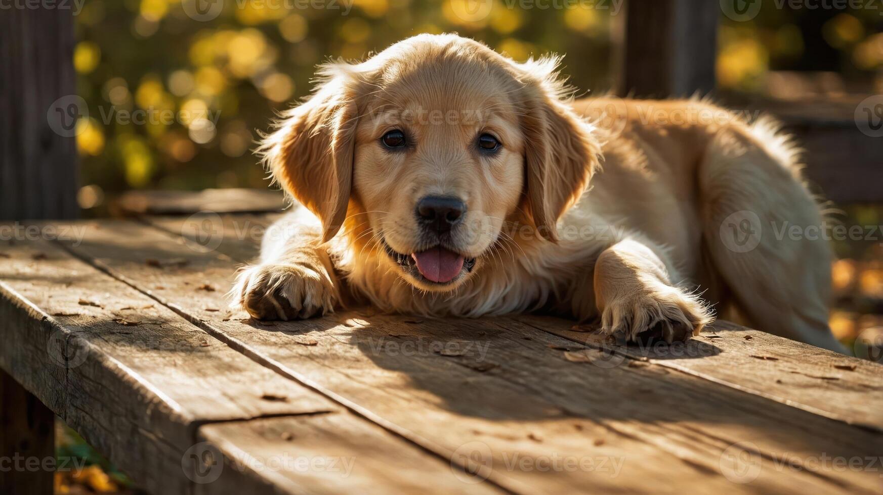 A playful golden retriever puppy resting on a wooden surface in a sunny outdoor setting. photo
