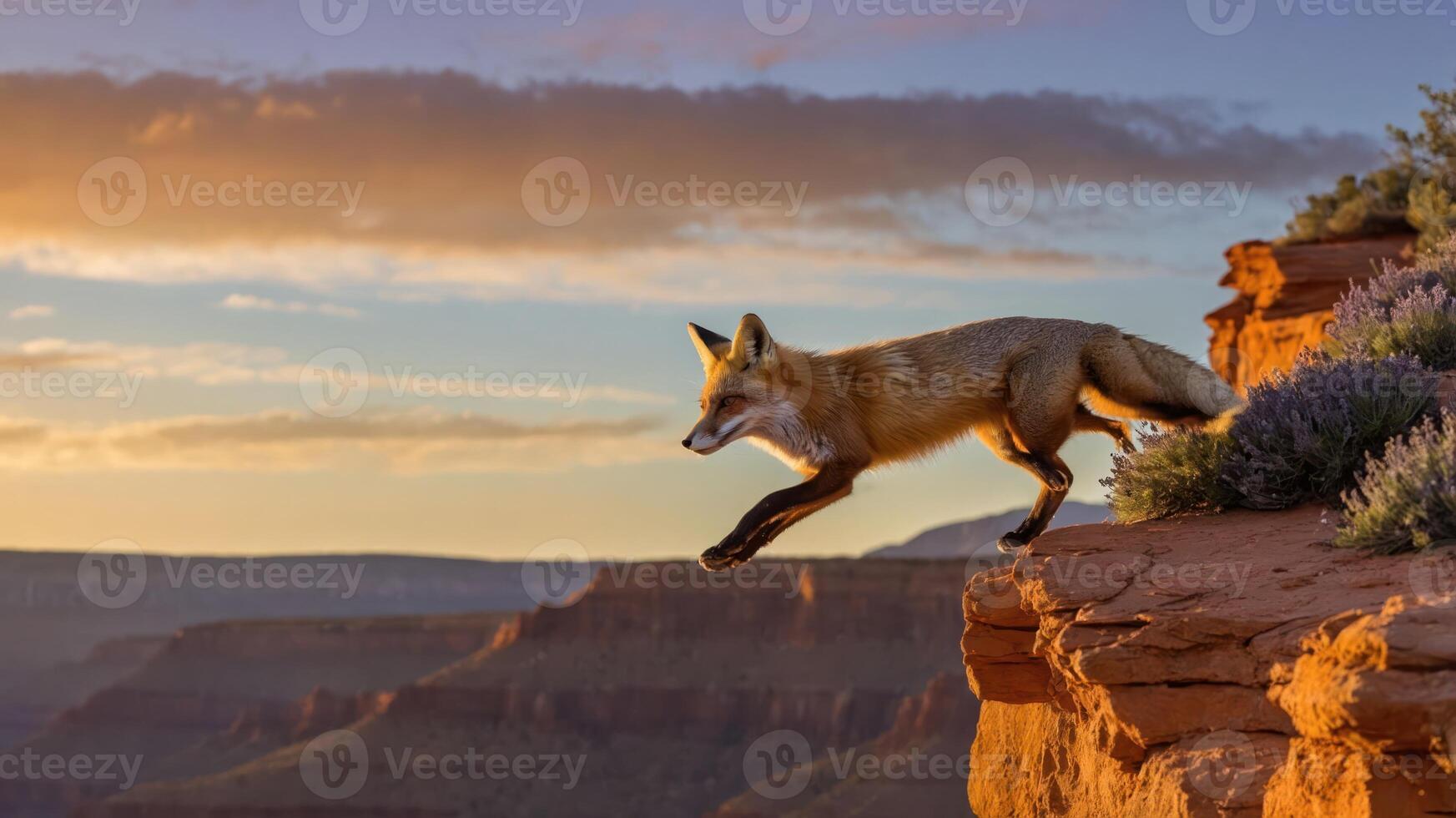 A fox leaps across a rocky ledge during sunset, showcasing its agility against a scenic backdrop. photo