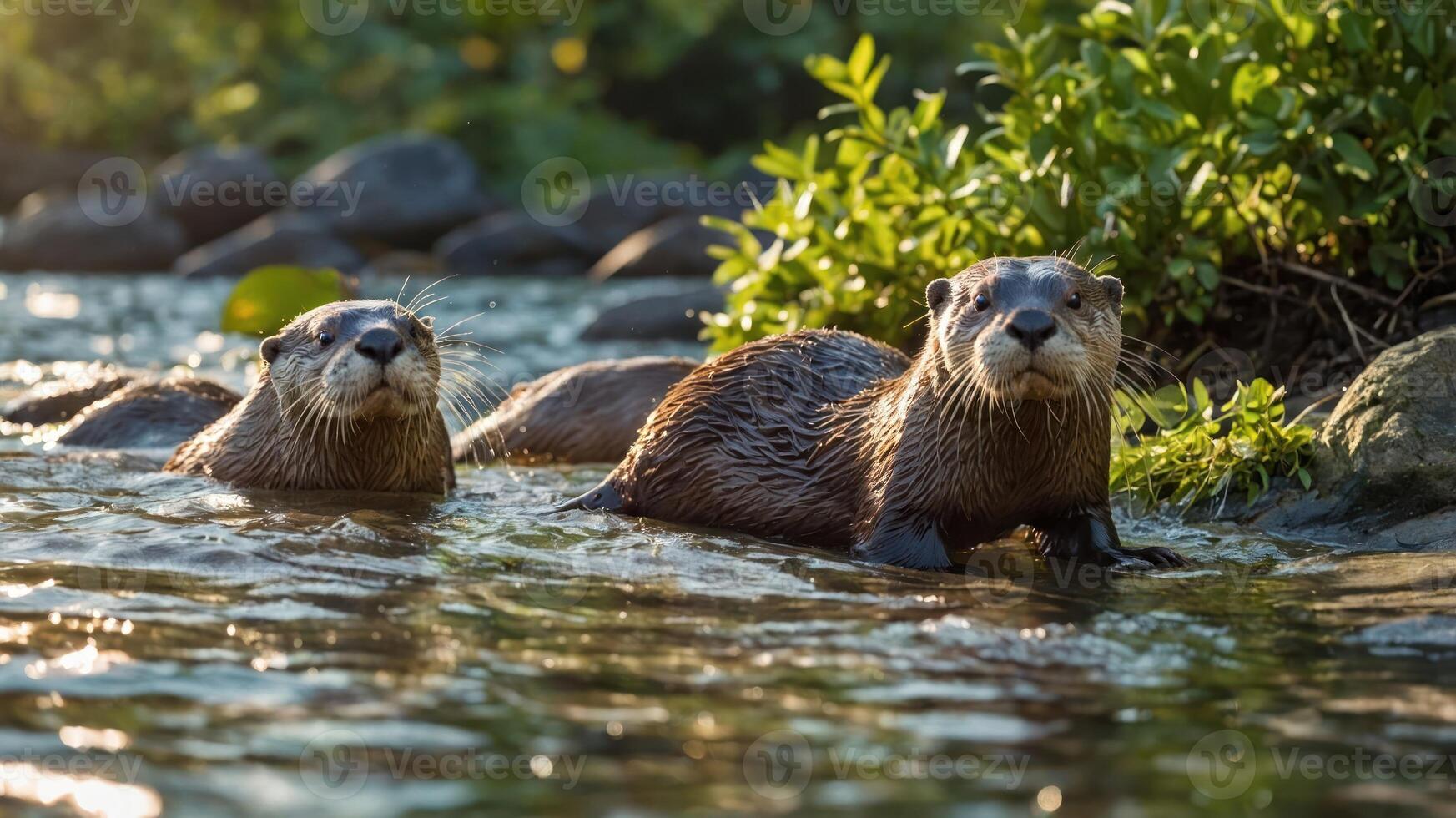 Two otters playfully emerge from a serene stream surrounded by lush greenery. photo