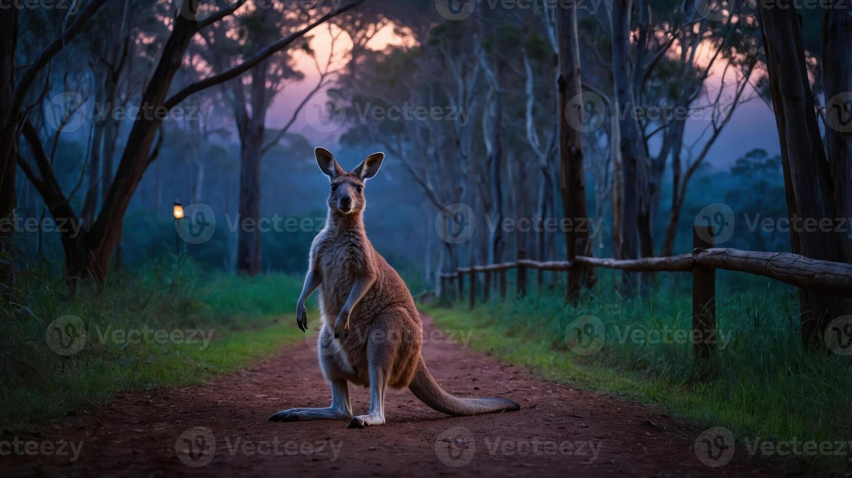 A kangaroo stands on a dirt path in a serene forest at dusk, surrounded by trees. photo