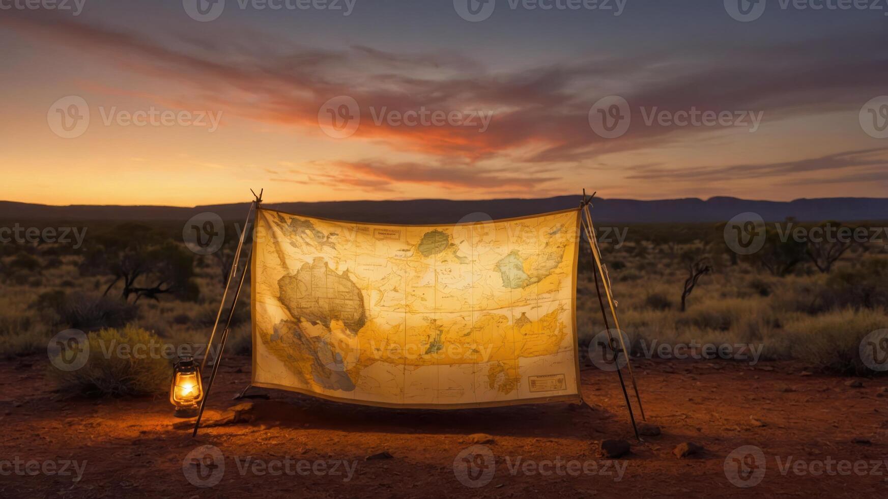 A illuminated map set against a desert sunset, symbolizing exploration and adventure. photo