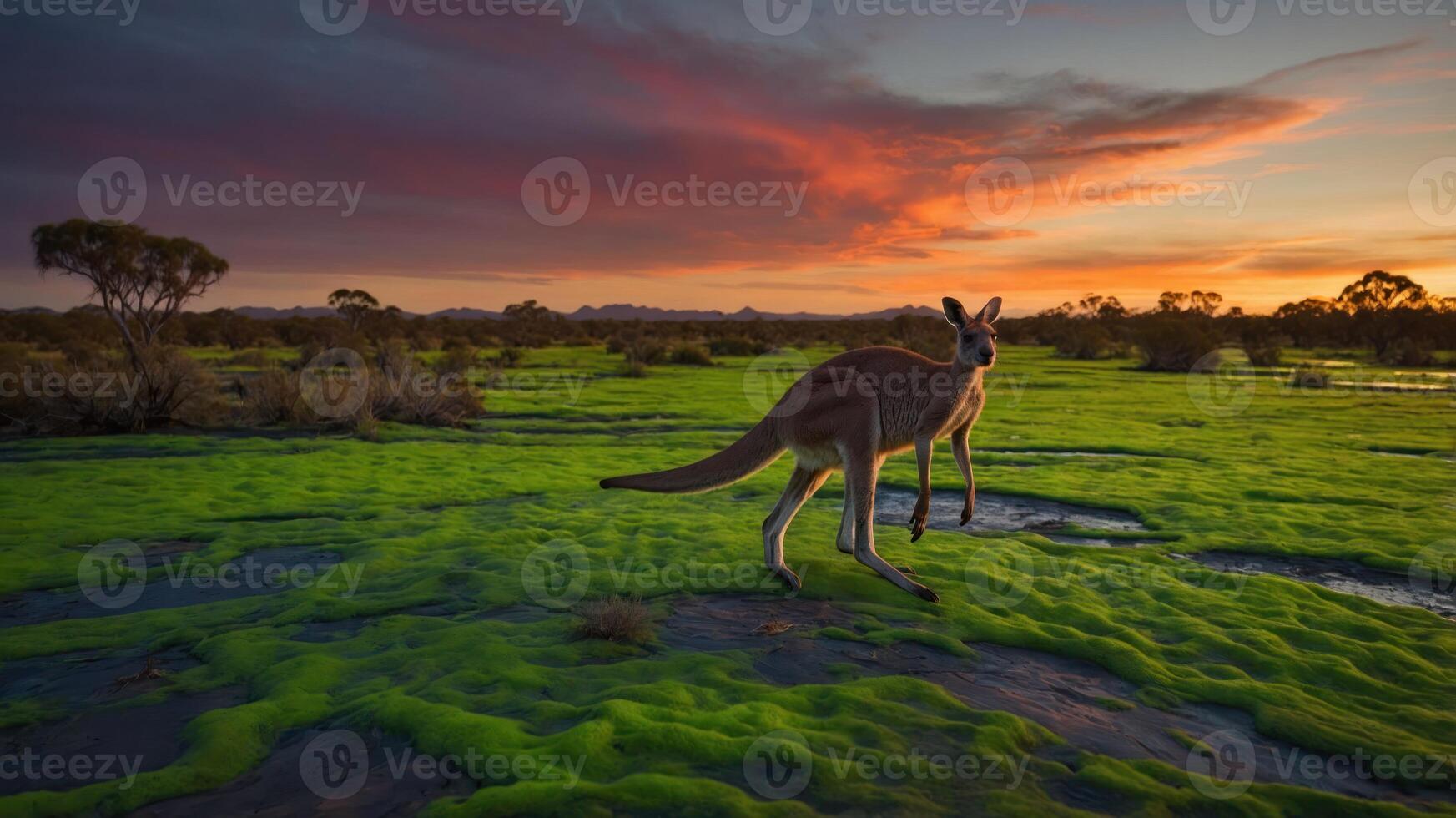 A kangaroo hops through a vibrant green landscape at sunset. photo