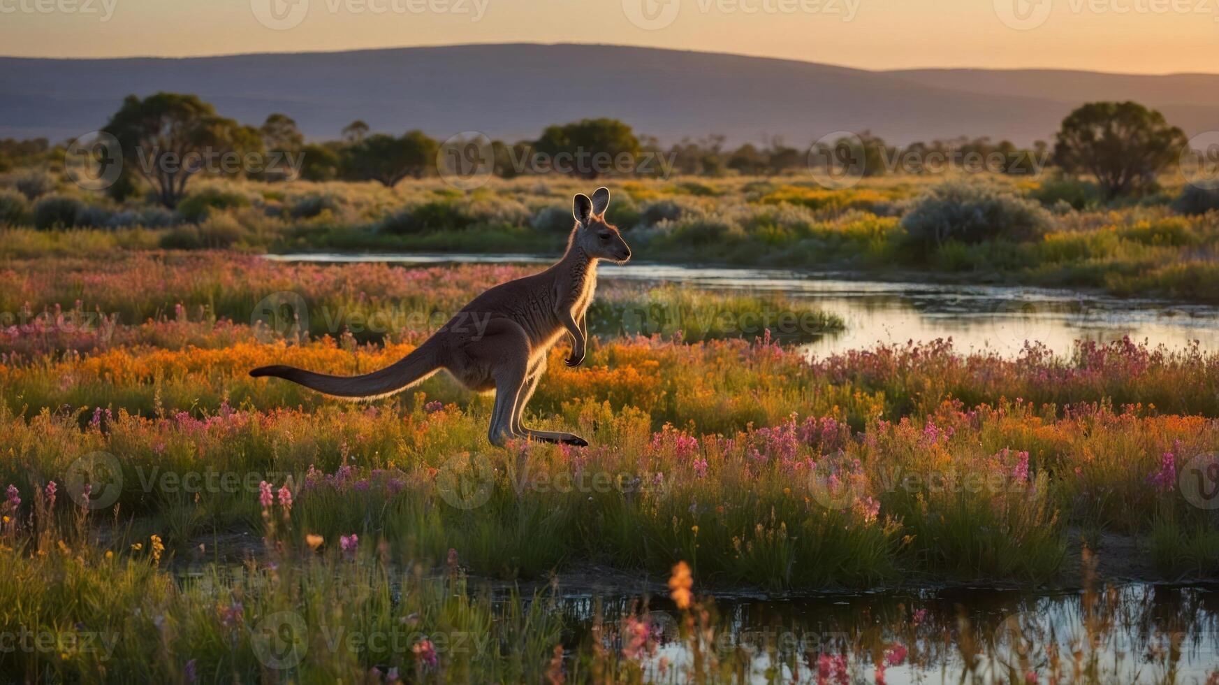 A kangaroo leaps through a vibrant, flower-filled landscape at sunset. photo