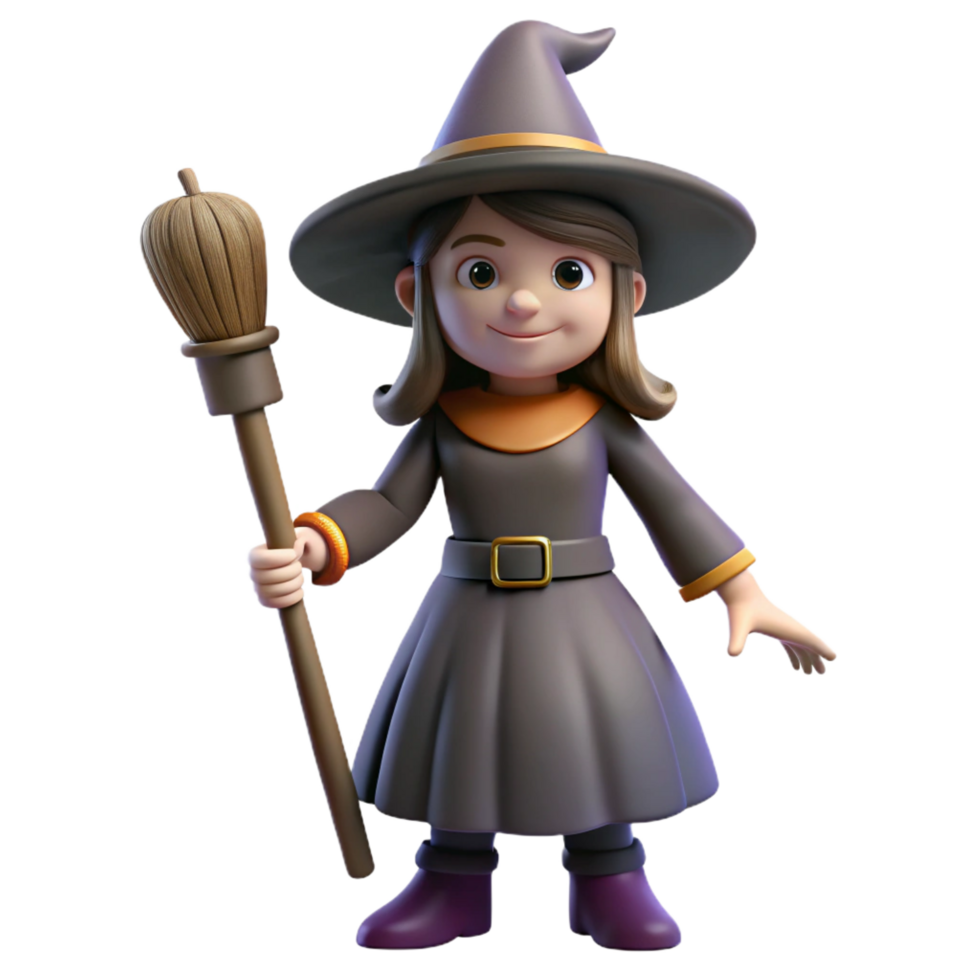 extraordinary impressionist Witch, hat, broom, NO BACKGROUND with Transparent Background. high quality png