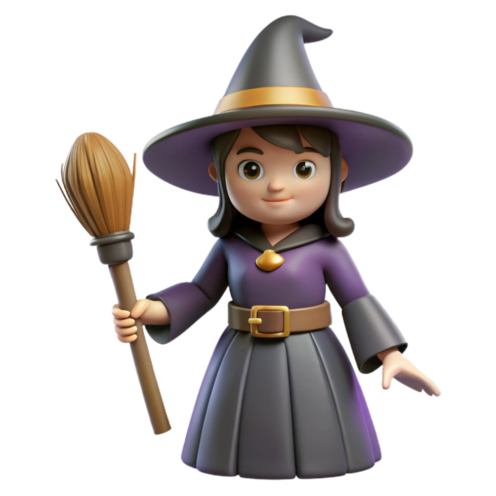 pristine energetic traditional Witch, hat, broom, NO BACKGROUND with Transparent Background. authentic png
