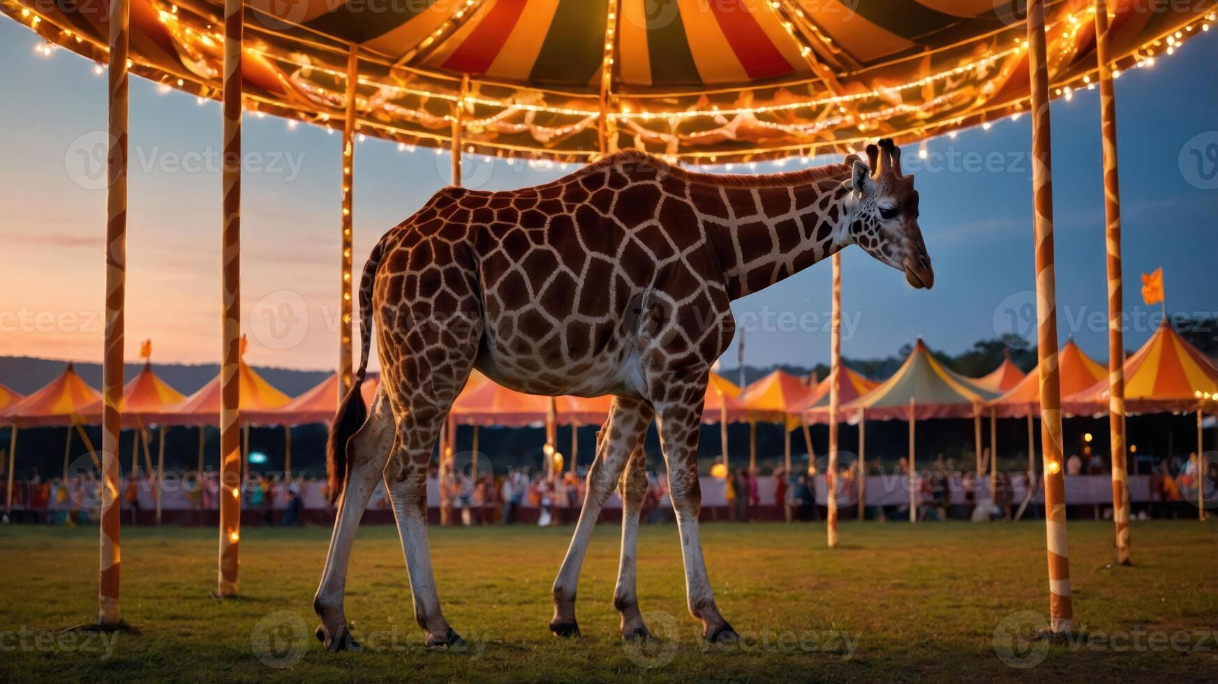 A giraffe stands under a colorful carousel at dusk, surrounded by festive tents. photo