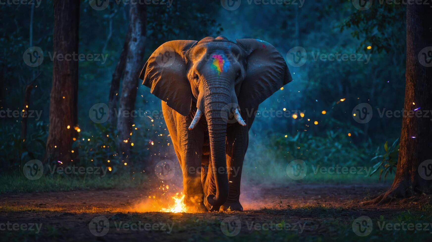 An elephant with colorful markings walks through a forest, surrounded by sparks at dusk. photo