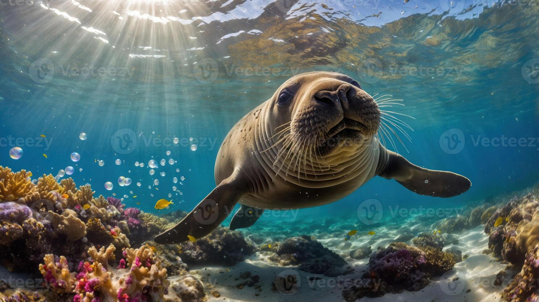 A playful seal swimming underwater amidst colorful coral and bubbles. photo
