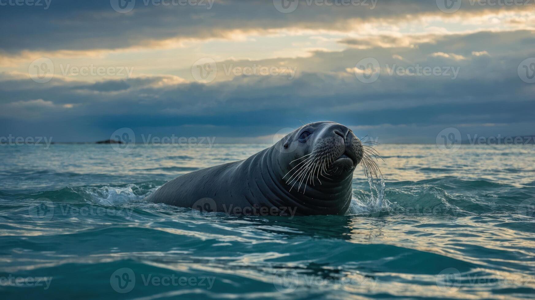 A seal swimming in calm waters under a cloudy sky. photo