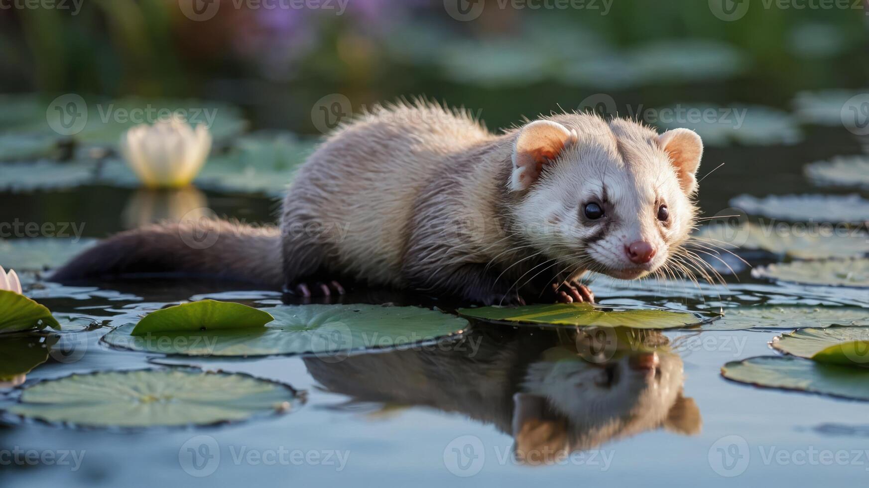 A ferret-like animal on lily pads in a serene water setting, reflecting in the water. photo