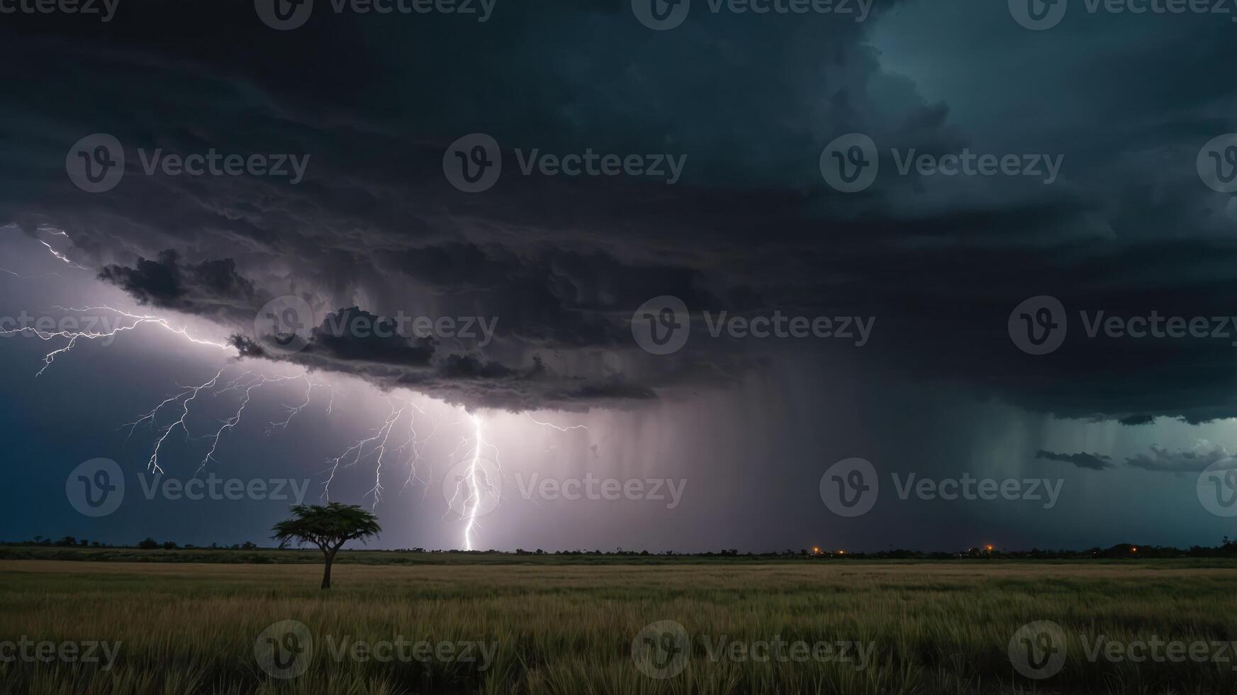 A dramatic thunderstorm with lightning illuminating dark clouds over a grassy plain. photo