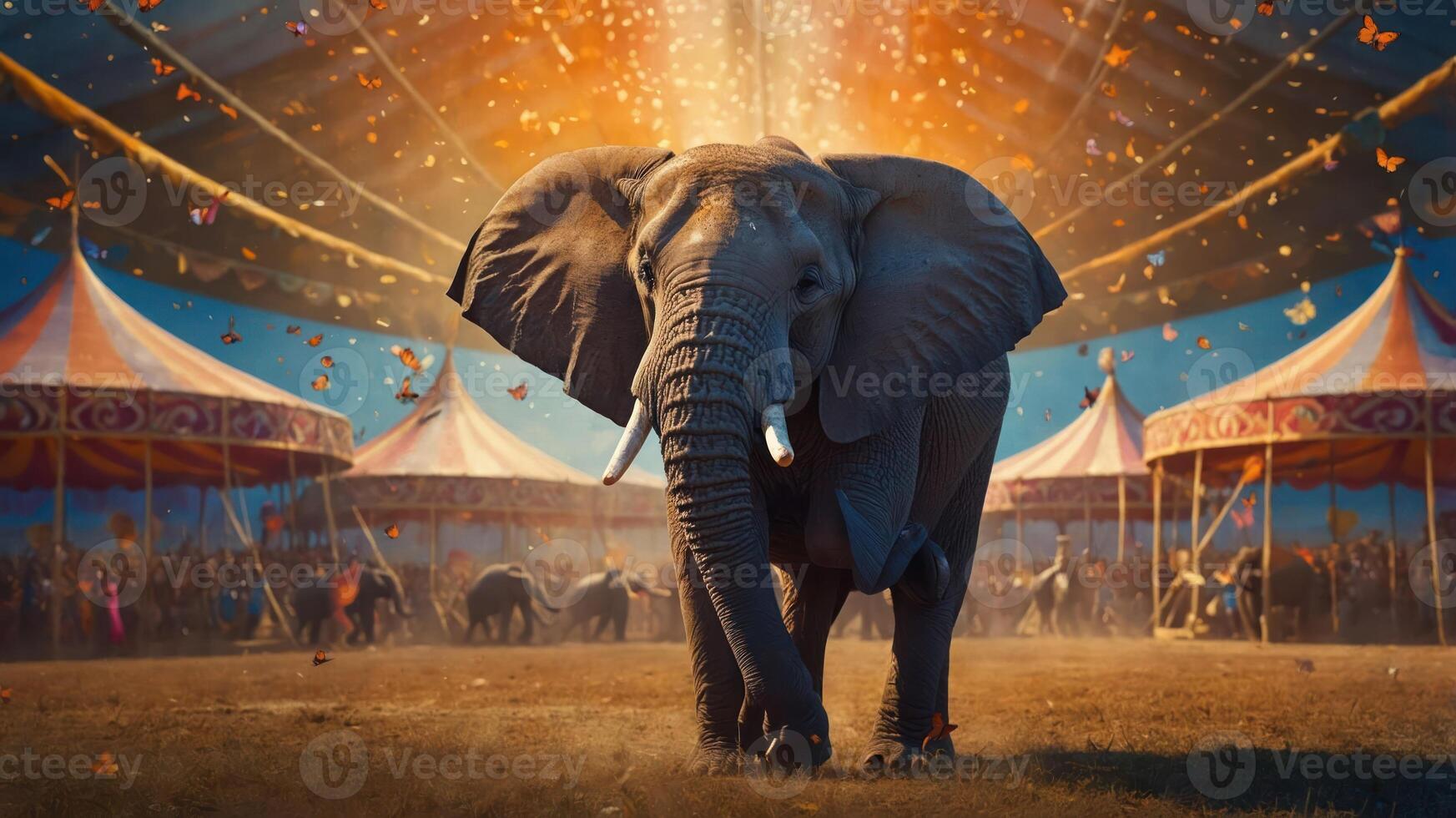 A majestic elephant in a vibrant circus setting, surrounded by colorful lights and butterflies. photo