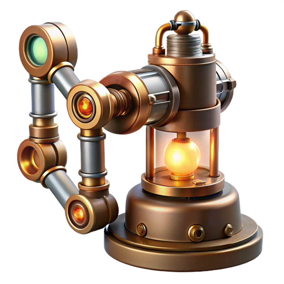 mesmerizing unparalleled Steampunk robotic arm with visible clockwork mechanisms and glowing vacuum tubes. NO BACKGROUND with Transparent Background. png
