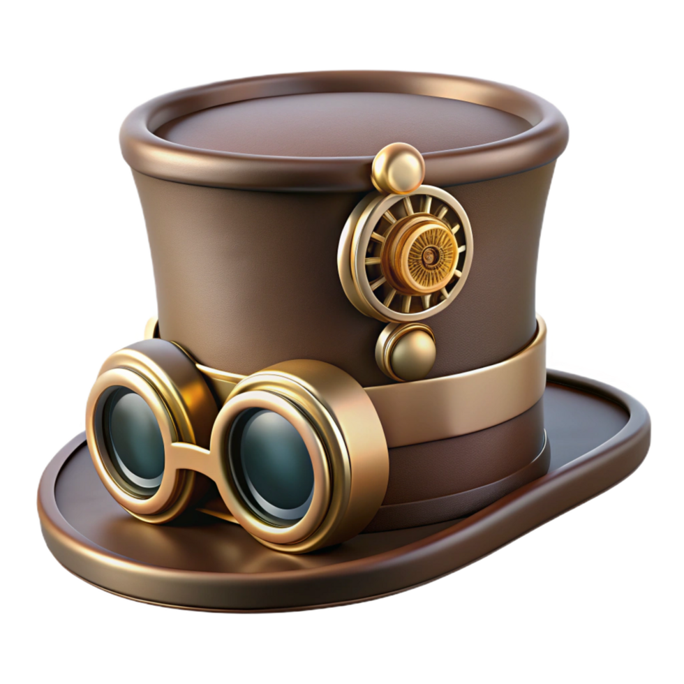 enchanting mysterious traditional Steampunk top hat with brass goggles and intricate gear embellishments. NO BACKGROUND with Transparent Background. professional png