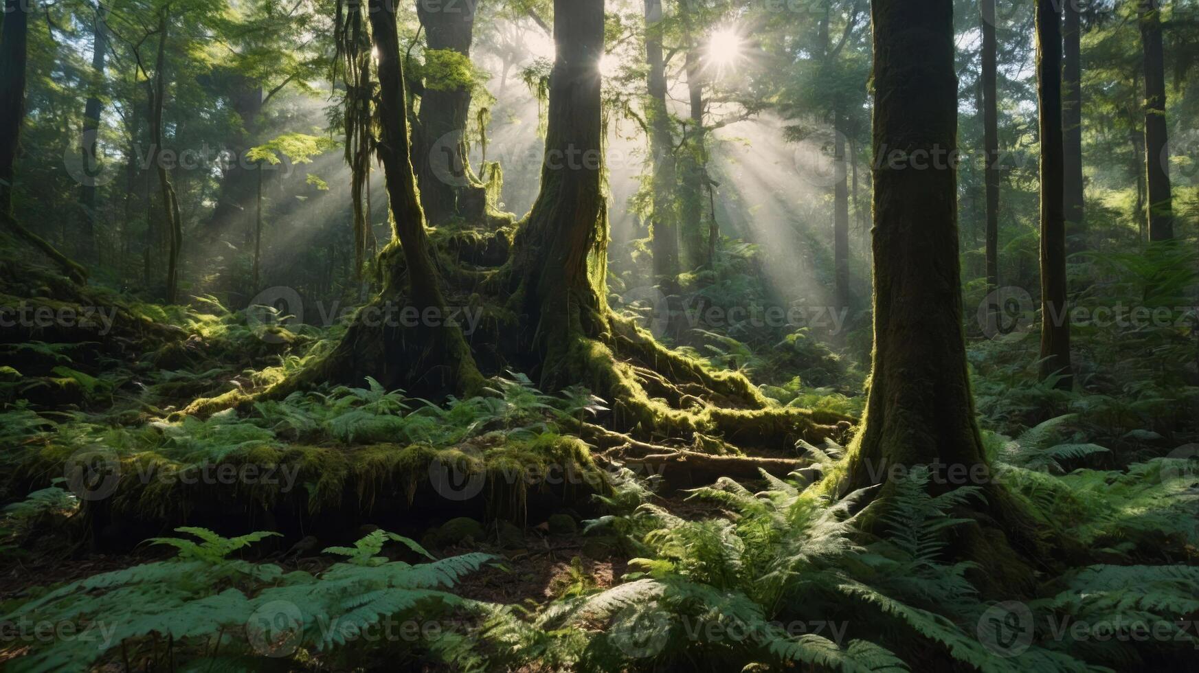 Sunlight filters through a lush forest, illuminating moss-covered trees and ferns. photo