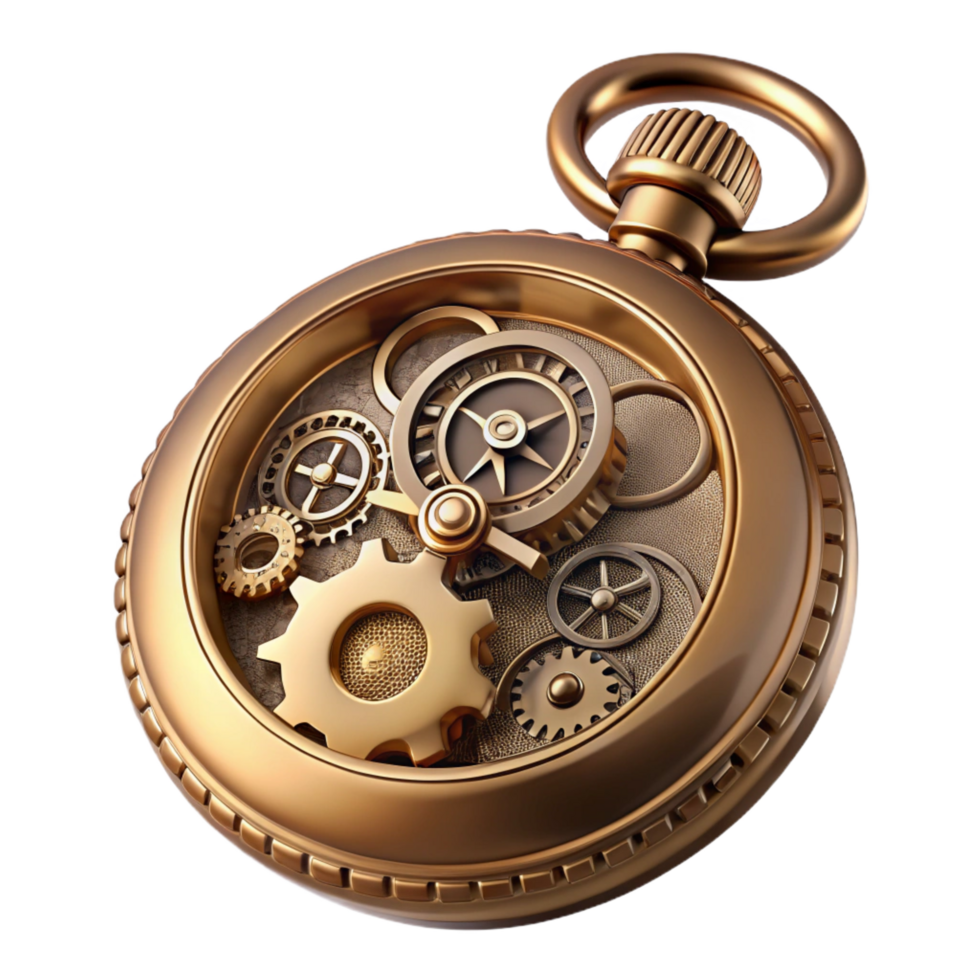 inspired traditional Steampunk pocket watch with ornate carvings and exposed gears. NO BACKGROUND with Transparent Background. sharp png