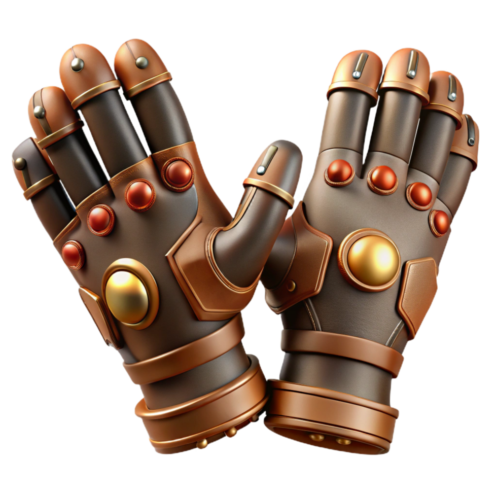 extraordinary artistic Steampunk gloves with articulated finger joints and copper plating. NO BACKGROUND with Transparent Background. gallery standard png