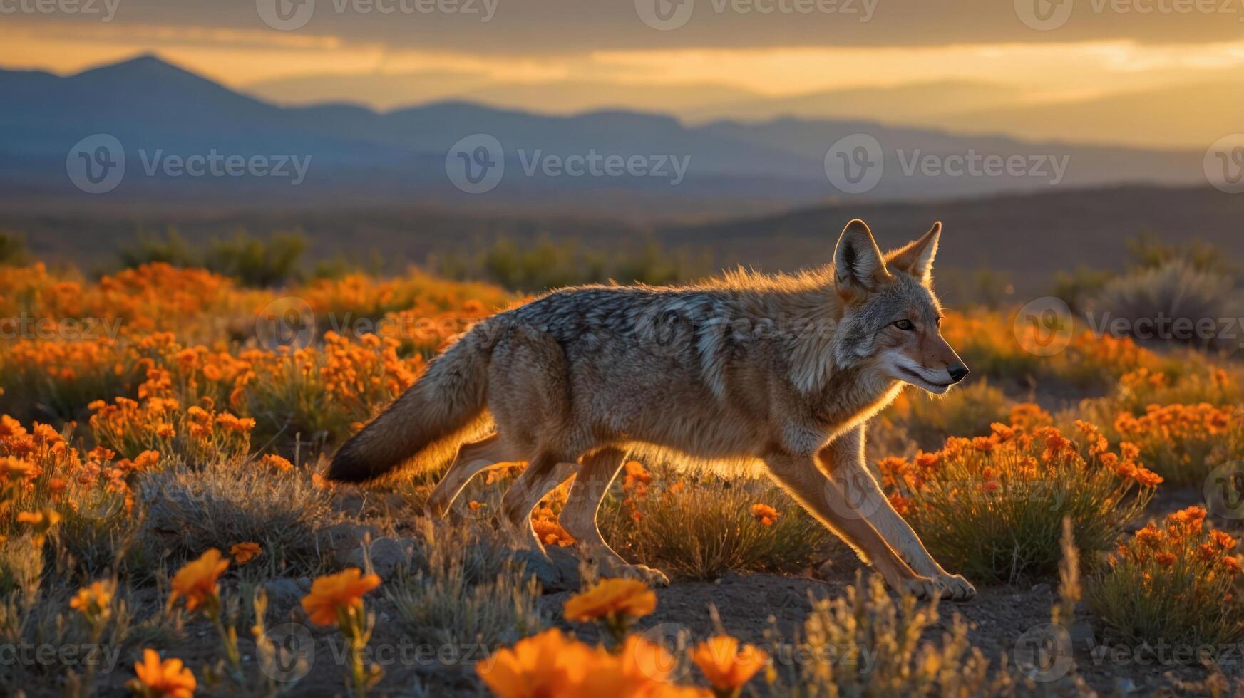 A coyote walks through a vibrant field of flowers at sunset, showcasing nature's beauty. photo