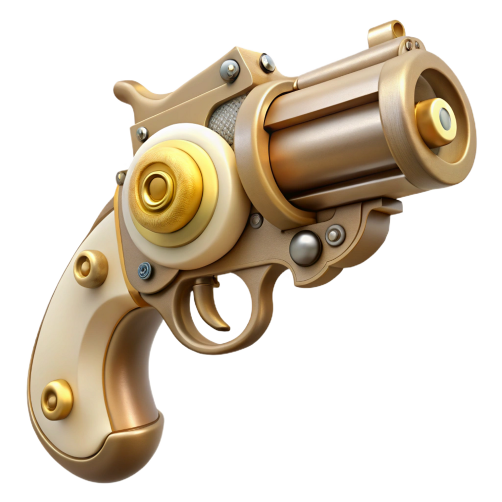 iconic gothic Steampunk pistol with an ivory grip and exposed clockwork mechanism. NO BACKGROUND with Transparent Background. impeccable png