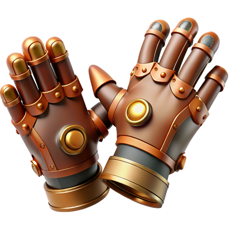 stunning energetic impressionist Steampunk gloves with articulated finger joints and copper plating. NO BACKGROUND with Transparent Background. studio quality png