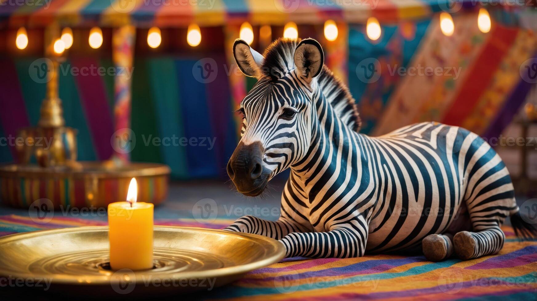 A zebra lounging beside a candle in a vibrant, colorful setting. photo