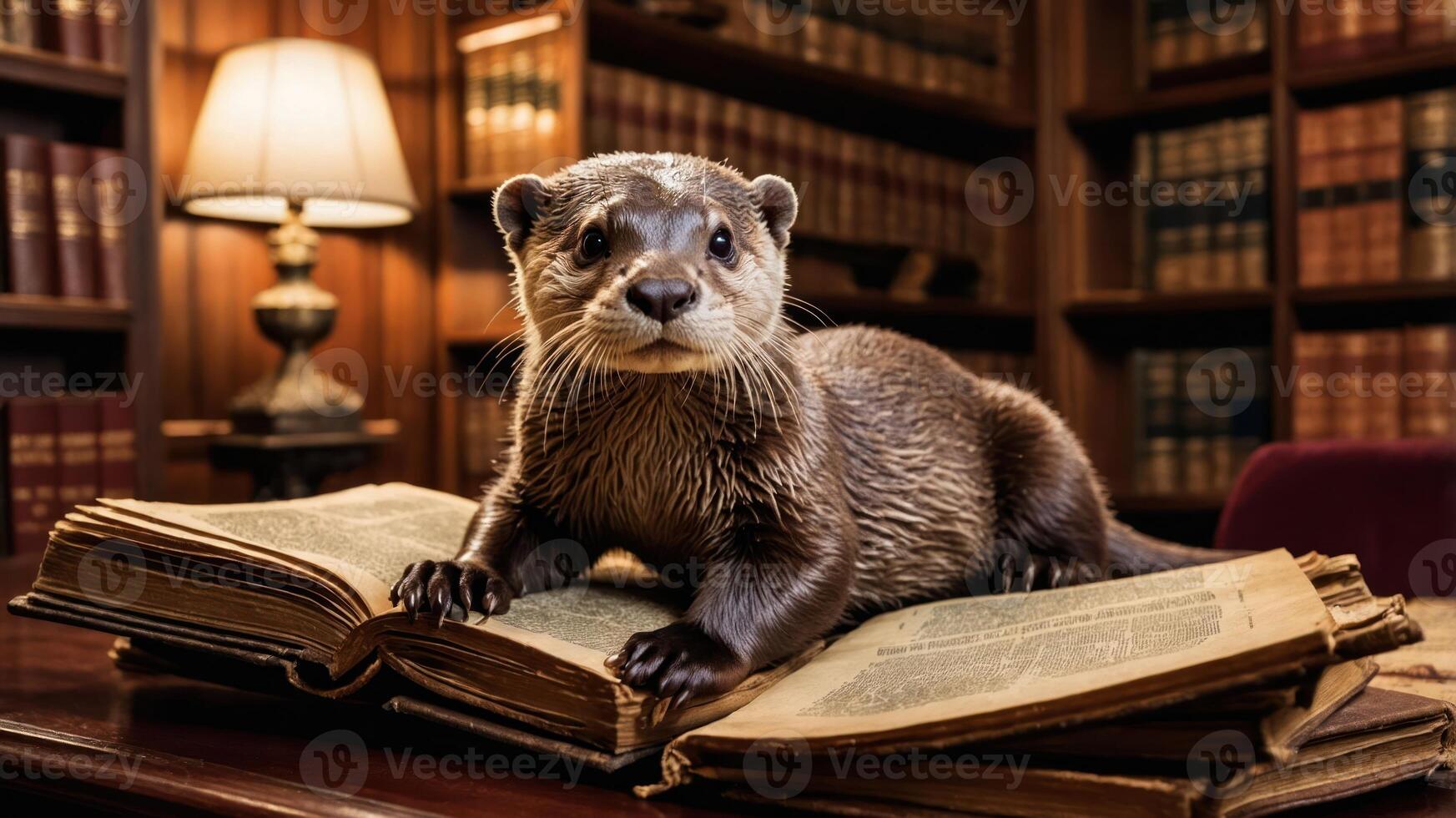 An otter sits on an open book in a library, creating a whimsical and intellectual scene. photo